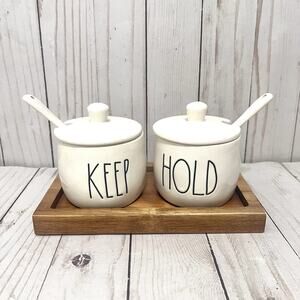 Rae Dunn KEEP HOLD Condiment Jar Set w/ Spoons & Wood Tray Farmhouse